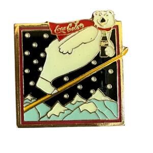 Coca-Cola Company 1994 Enamel Pin Polar Bear Skiing Scarf Mountains Square Vtg